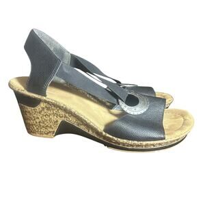 Rieker Regina Wedge Sandals Black Slip-On Elastic Straps EU 41 US 9.5 Comfort